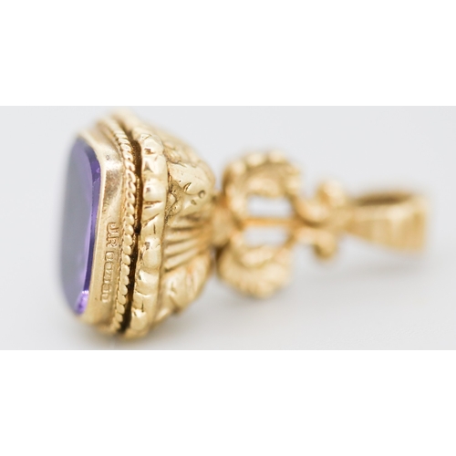 61 - Finely Detailed Amethyst Set Fob Pendant Mounted in 9 Carat Yellow Gold 2.5cm