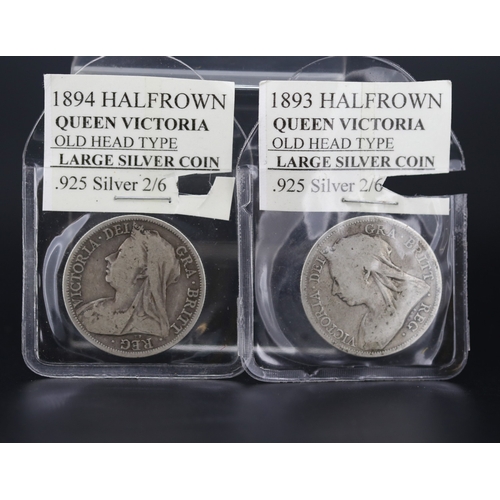 Two Sterling Silver Half Crown Coins Queen Victoria 1893 and 1894 28grams