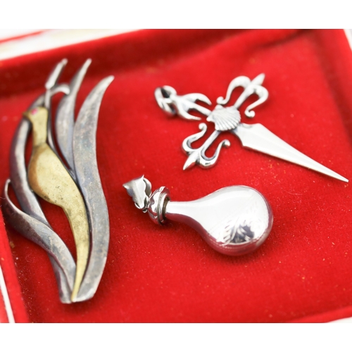 660 - Two Silver Pendants and Attractively Detailed Silver Bird Motif Brooch