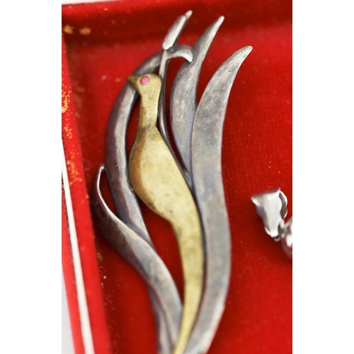660 - Two Silver Pendants and Attractively Detailed Silver Bird Motif Brooch
