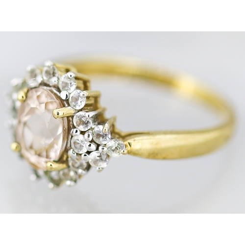9 - Attractively Detailed Morganite Set Ring with Gemset Cluster Set Surround Mounted in 9 Carat Yellow ... 