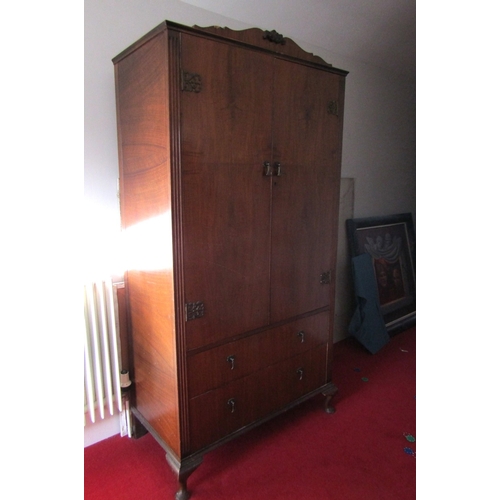 33 - Vintage Walnut Two Door Wardrobe with Drawers to Base above Queen Anne Supports Approximately 3ft 4 ... 