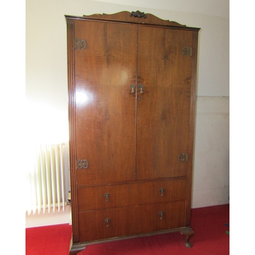 33 - Vintage Walnut Two Door Wardrobe with Drawers to Base above Queen Anne Supports Approximately 3ft 4 ... 