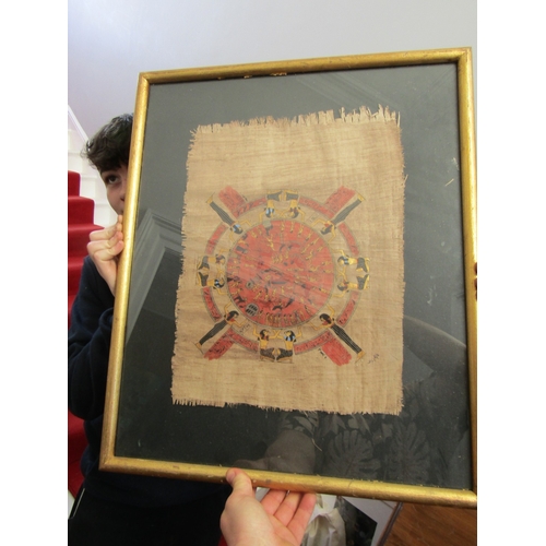 46 - Egyptian Gilt and Ink Decorated Papyrus Astrology Chart with Figural Symbols etc Contained within Gl... 