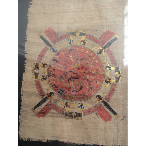 46 - Egyptian Gilt and Ink Decorated Papyrus Astrology Chart with Figural Symbols etc Contained within Gl... 