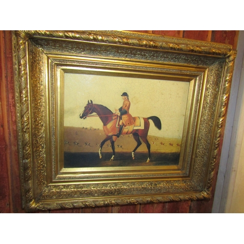 Equestrian School Gilt Framed Picture of Jockey on Horseback Approximately 10 Inches High x 40 Inches Wide