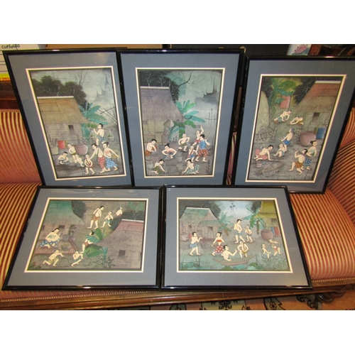 Set of Five Eastern School Ebony Framed Prints Depicting Tribal Scenes Each Approximately 18 Inches High x 13 Inches Wide