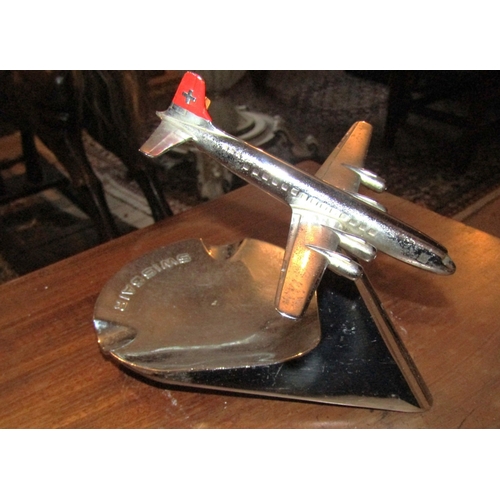 Vintage Swiss Air Chrome Plated Ashtray with Airplane Motif Decoration