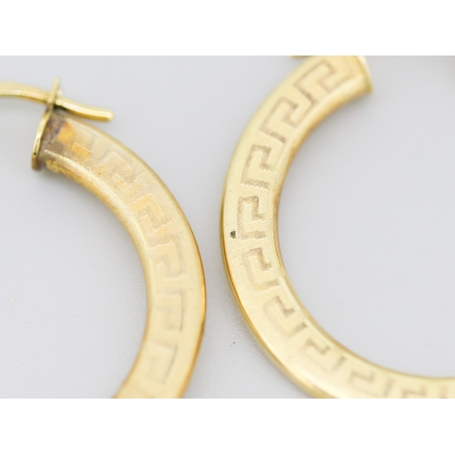 17 - Pair of 9 Carat Yellow Gold Greek Key Motif Hoop Earrings 3cm
