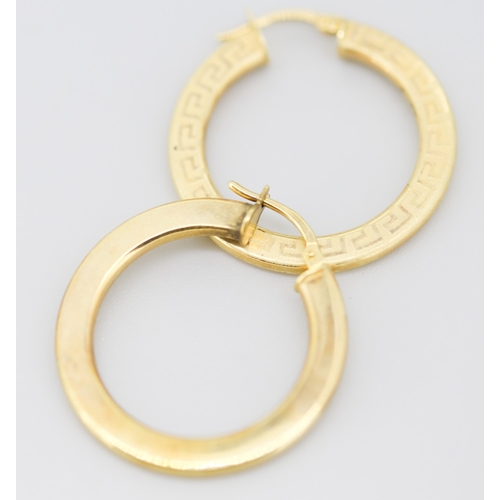 17 - Pair of 9 Carat Yellow Gold Greek Key Motif Hoop Earrings 3cm