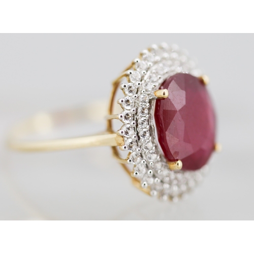 23 - Ruby Centre Stone Ring with Gemstone Set Double Halo Surround Mounted in 9 Carat Yellow Gold Ring Si... 