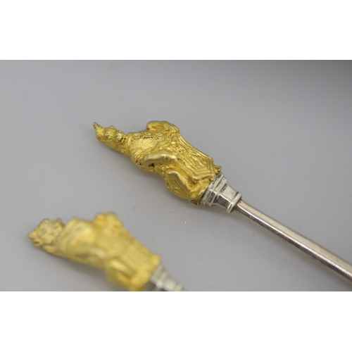 29 - Two Silver Spoons with Silver Gilt Figural Finials 'The Queens Beast' 12cm Hallmarked William Comyns... 