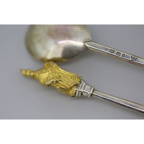 29 - Two Silver Spoons with Silver Gilt Figural Finials 'The Queens Beast' 12cm Hallmarked William Comyns... 
