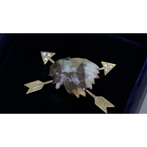 32 - Finely Detailed Carved Boulder Opal Native American Chief Brooch with Diamond Six Stone Set Arrow Mo... 