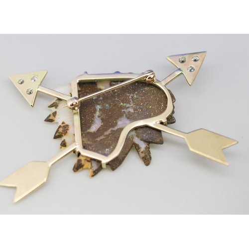 32 - Finely Detailed Carved Boulder Opal Native American Chief Brooch with Diamond Six Stone Set Arrow Mo... 