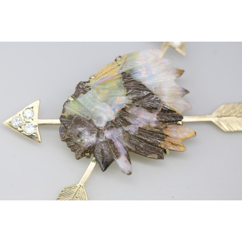 32 - Finely Detailed Carved Boulder Opal Native American Chief Brooch with Diamond Six Stone Set Arrow Mo... 