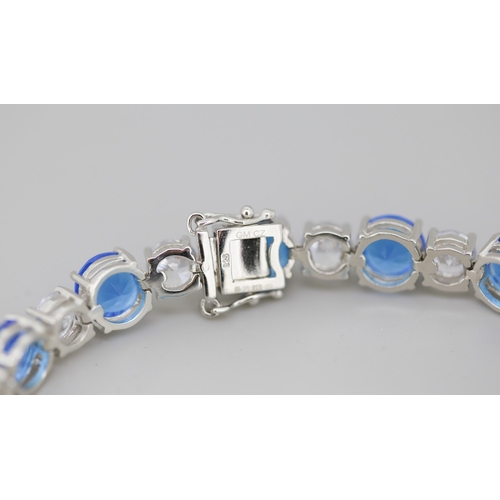 33 - Blue and White Cubic Zirconia Set Tennis Bracelet Mounted in Sterling Silver 20cm Long