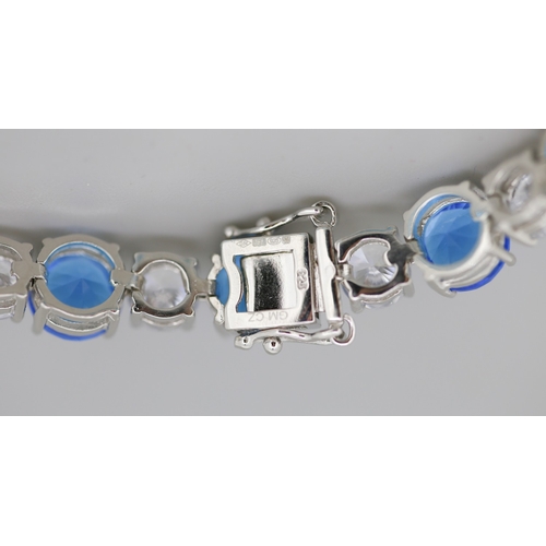 33 - Blue and White Cubic Zirconia Set Tennis Bracelet Mounted in Sterling Silver 20cm Long