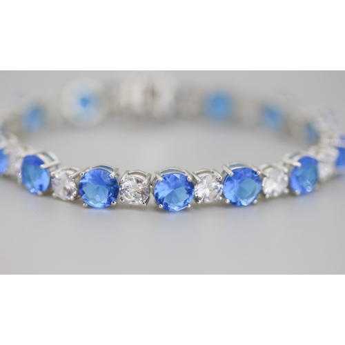 33 - Blue and White Cubic Zirconia Set Tennis Bracelet Mounted in Sterling Silver 20cm Long