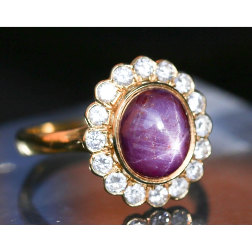 43 - Finely Detailed Star Ruby Centre Stone Ring with Diamond Set Halo Surround Mounted in 18 Carat Yello... 