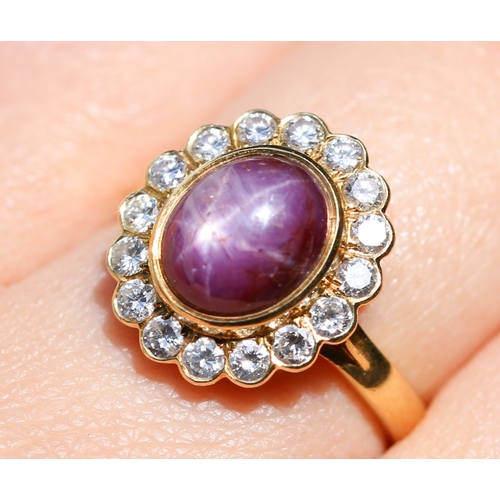 43 - Finely Detailed Star Ruby Centre Stone Ring with Diamond Set Halo Surround Mounted in 18 Carat Yello... 