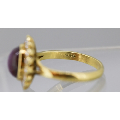 43 - Finely Detailed Star Ruby Centre Stone Ring with Diamond Set Halo Surround Mounted in 18 Carat Yello... 