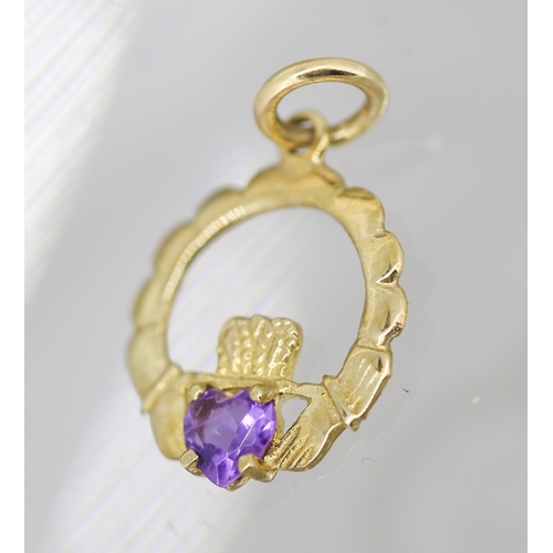 Amethyst Set Claddagh Motif Pendant Mounted in 9 Carat Yellow Gold 12mm As New Unworn Shop Stock Inherited by Vendor