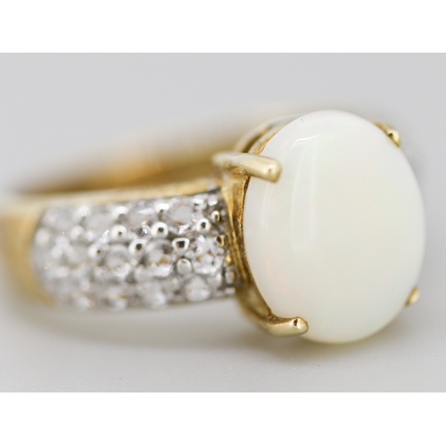 52 - Opal Set Ring with Gemstone Cluster Set Shoulders Mounted in 9 Carat Yellow Gold Ring Size N