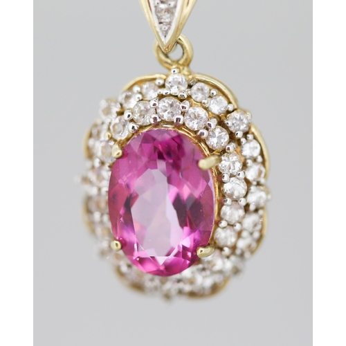 8 - Finely Detailed Pink Topaz Centre Stone Pendant with White Topaz Set Halo Surround Mounted in 9 Cara... 