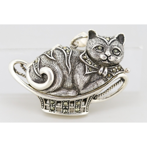 Finely Detailed Sterling Silver Marcasite Set Cat in a Basket Motif Hidden Watch Pendant Mother of Pearl Dial 4cm Wide and 3cm High