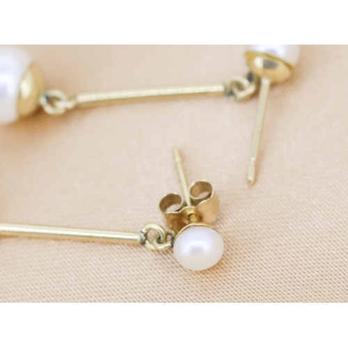 21 - Pair of Attractively Detailed Pearl Set Bar Drop Earrings Mounted in 9 Carat Yellow Gold 3cm Drop