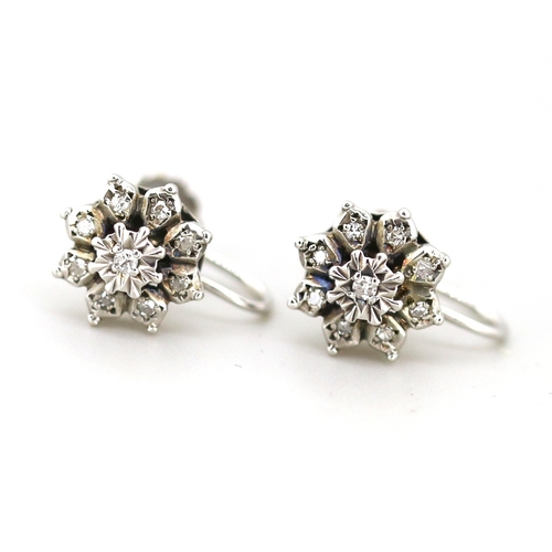Pair of Diamond Set Daisy Cluster Screw On Earrings Mounted in 9 Carat White Gold 1cm