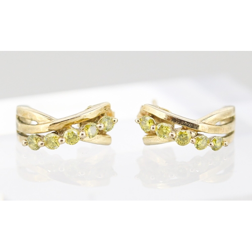 Pair of Yellow Diamond Five Stone Set Crossover Form Earrings Mounted in 9 Carat Yellow Gold 1.5cm