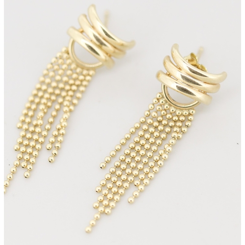 3 - Pair of 9 Carat Yellow Gold Triple Band Tassel Form Drop Earrings 4cm Drop