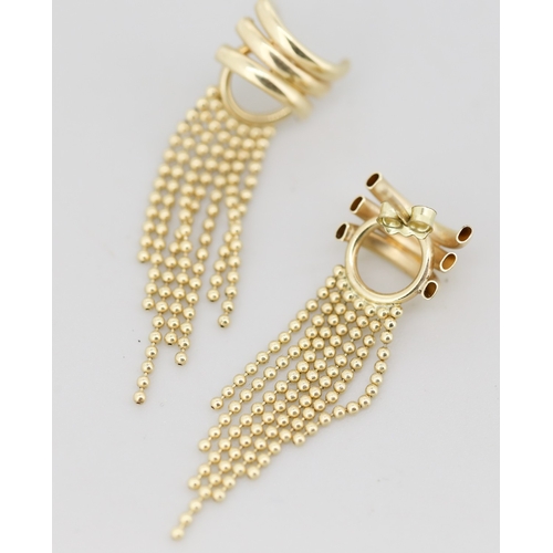 3 - Pair of 9 Carat Yellow Gold Triple Band Tassel Form Drop Earrings 4cm Drop