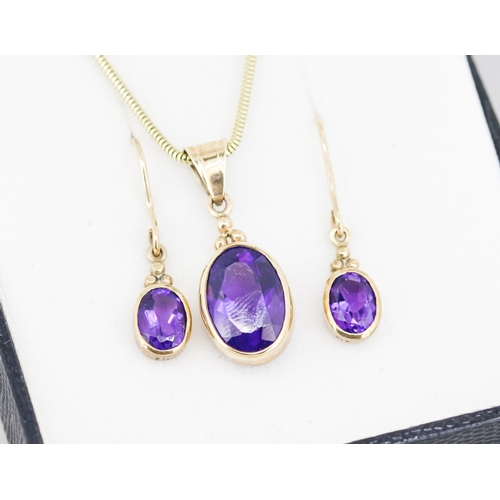 Amethyst Bezel Set Single Stone Pendant Mounted in 9 Carat Yellow Gold 1.5cm Set on 9 Carat Yellow Gold Chain 44cm with Matching Pair of Amethyst Set Drop Earrings Mounted in 9 Carat Yellow Gold 3cm Drop