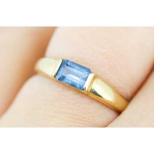 35 - Emerald Cut London Blue Topaz Single Stone Bar Set Ring Mounted in 9 Carat Yellow Gold Ring Size N