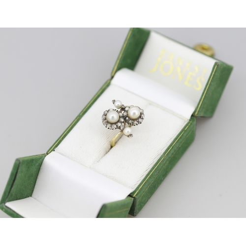 42 - Finely Detailed French Belle Eboque Pearl Set Ring with Diamond Cluster Set Surround Mounted in 18 C... 