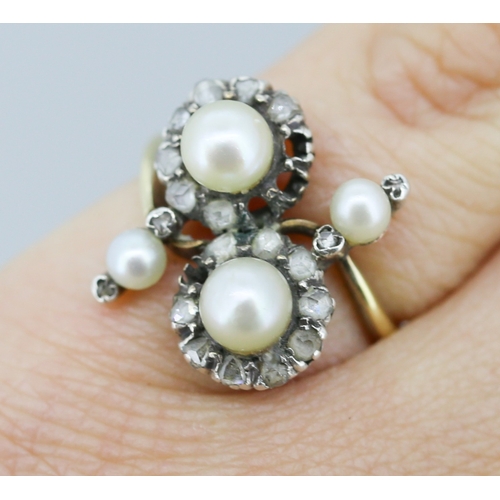 42 - Finely Detailed French Belle Eboque Pearl Set Ring with Diamond Cluster Set Surround Mounted in 18 C... 