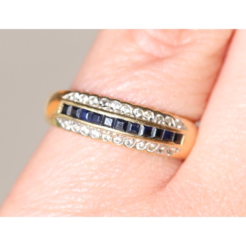 46 - Princess Cut Sapphire Set Ring with Further White Topaz Set to Sides Mounted in 18 Carat Yellow Gold... 