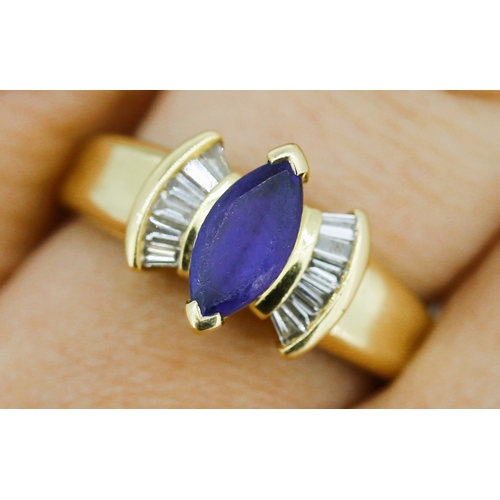 49 - Marquise Cut Tanzanite Set Bow Motif Ring with Tapered Baguette Cut Diamond Set Shoulders Mounted in... 
