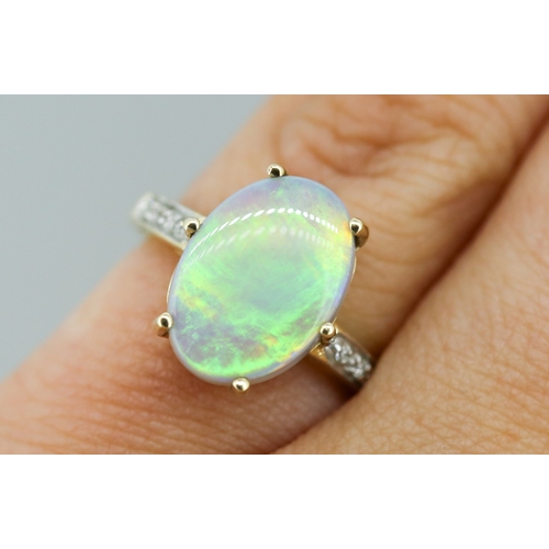 53 - Opal Set Ring with Further Diamond Inset to Shoulders Mounted in 9 Carat Yellow Gold Ring Size K