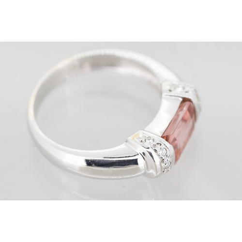 54 - Attractively Detailed Emerald Cut Pink Tourmaline Set Ring with Diamond Inset to Shoulders Mounted i... 