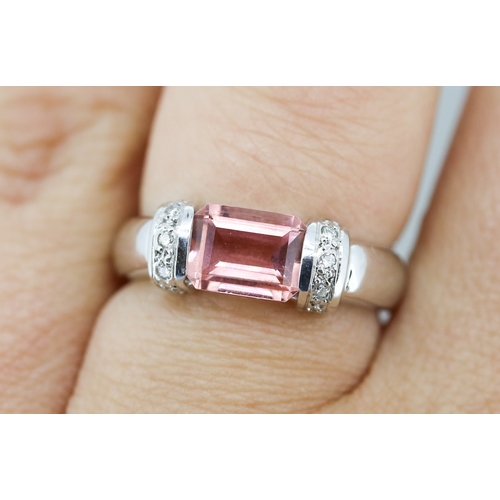 54 - Attractively Detailed Emerald Cut Pink Tourmaline Set Ring with Diamond Inset to Shoulders Mounted i... 