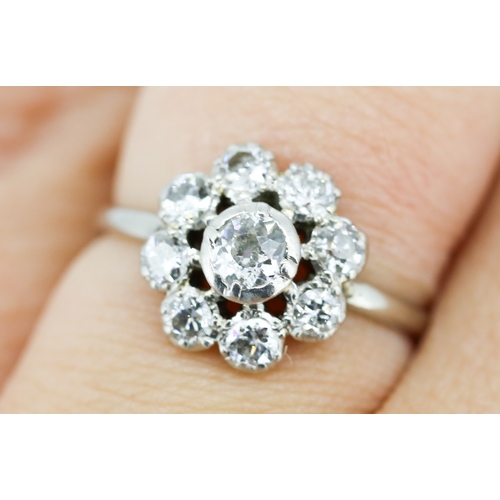 55 - Diamond Nine Stone Set Daisy Form Cluster Ring Mounted in Platinum Ring Size M and a Half