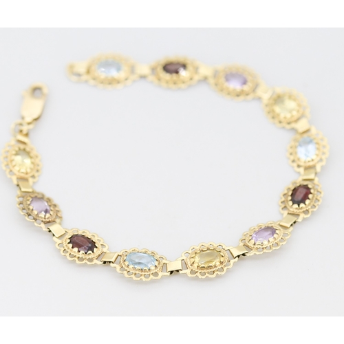 56 - Finely Detailed Citrine, Amethyst, Garnet and Aquamarine Set Bracelet Mounted in 9 Carat Yellow Gold... 