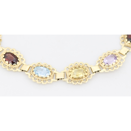 56 - Finely Detailed Citrine, Amethyst, Garnet and Aquamarine Set Bracelet Mounted in 9 Carat Yellow Gold... 