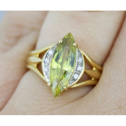 9 - Finely Detailed Marquise Cut Peridot Set Ring with Diamonds Set to Shoulders Mounted in 18 Carat Yel... 