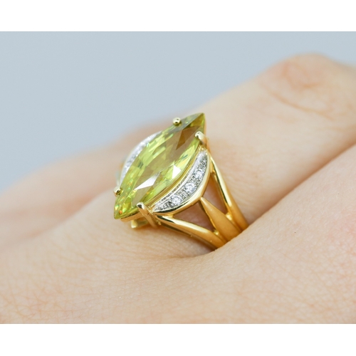 9 - Finely Detailed Marquise Cut Peridot Set Ring with Diamonds Set to Shoulders Mounted in 18 Carat Yel... 