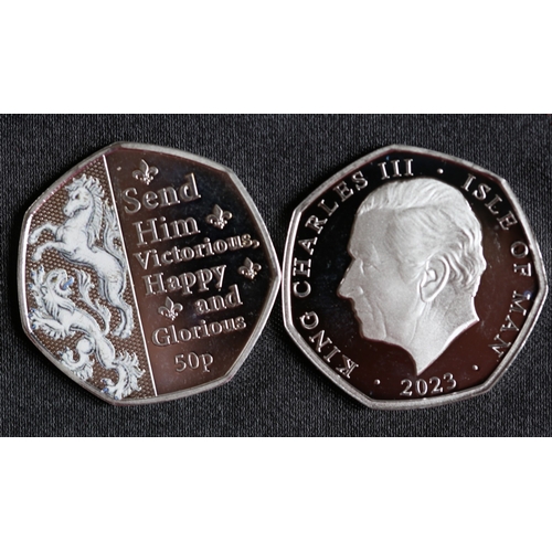 16 - Two Sterling Silver Commemorative 50 Pence Coins 'God Save The King' and Send Him Victorious, Happy ... 